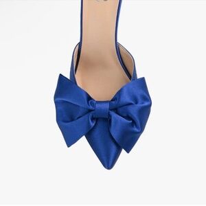 Tiarra Blue Satin Bow 3" Mules - Size 6.5